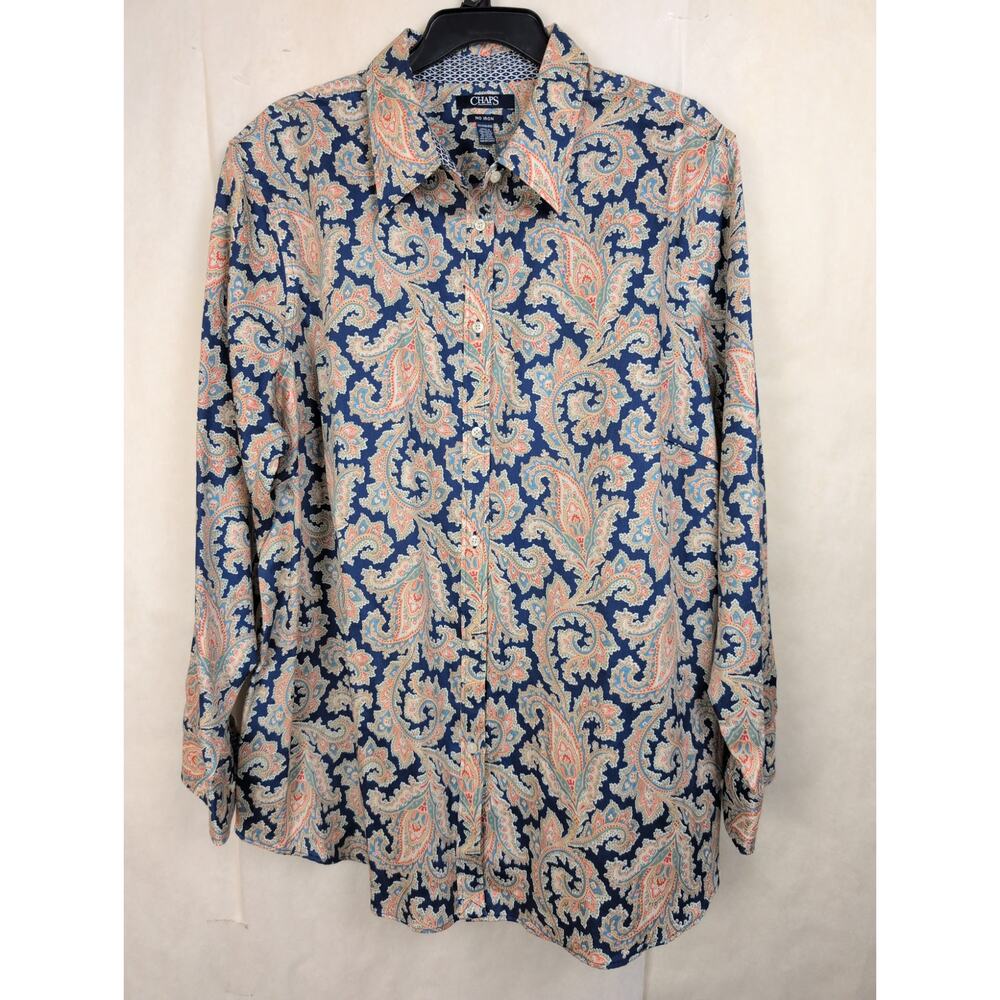Chaps navy blue paisley cotton button up top Size 2X Boho Classic Preppy Floral